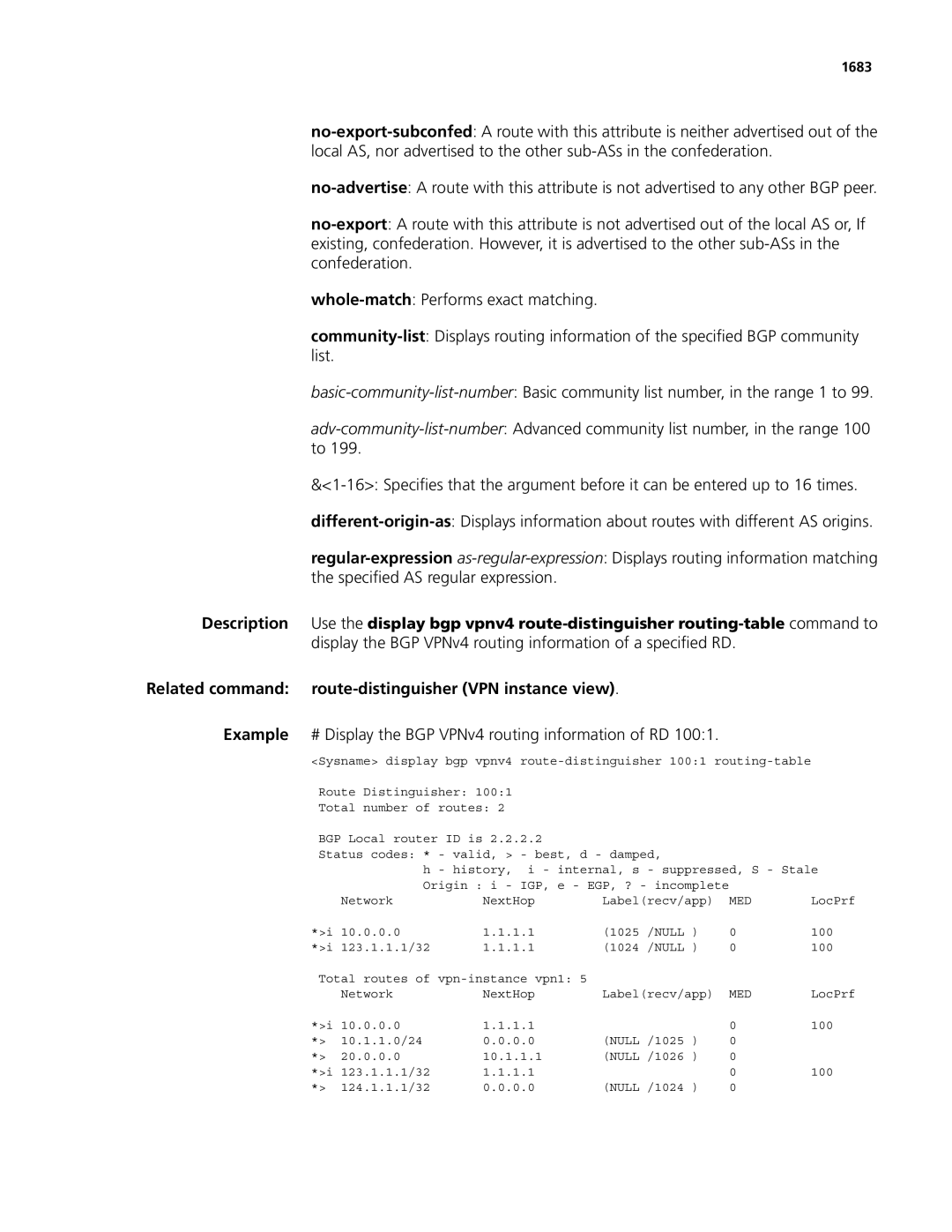 3Com MSR 50, MSR 30 manual Related command route-distinguisher VPN instance view, 1683 