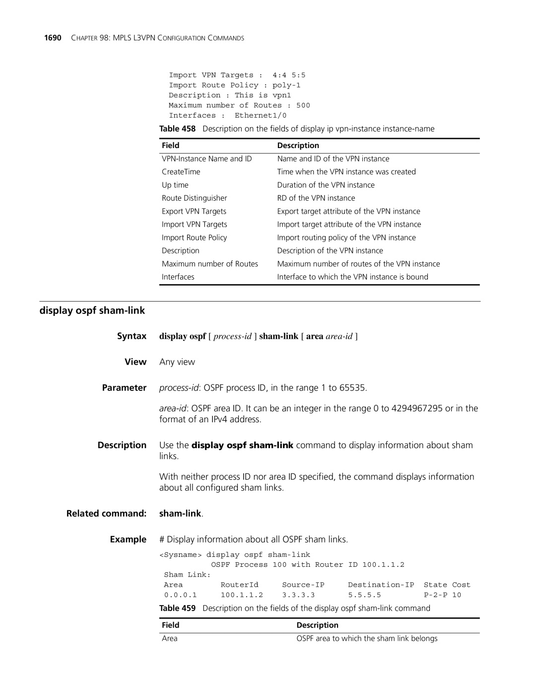 3Com MSR 30 manual Display ospf sham-link, Syntax display ospf process-id sham-link area area-id, Related command sham-link 