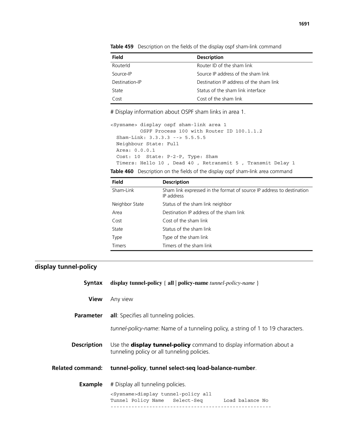 3Com MSR 50, MSR 30 manual Display tunnel-policy, # Display information about Ospf sham links in area 