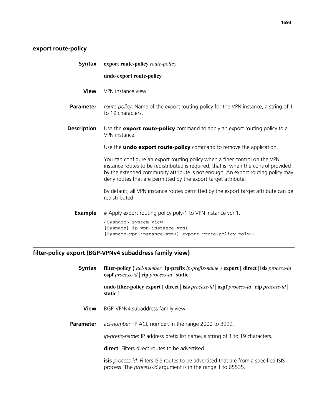 3Com MSR 50, MSR 30 manual Export route-policy, Filter-policy export BGP-VPNv4 subaddress family view, 1693 