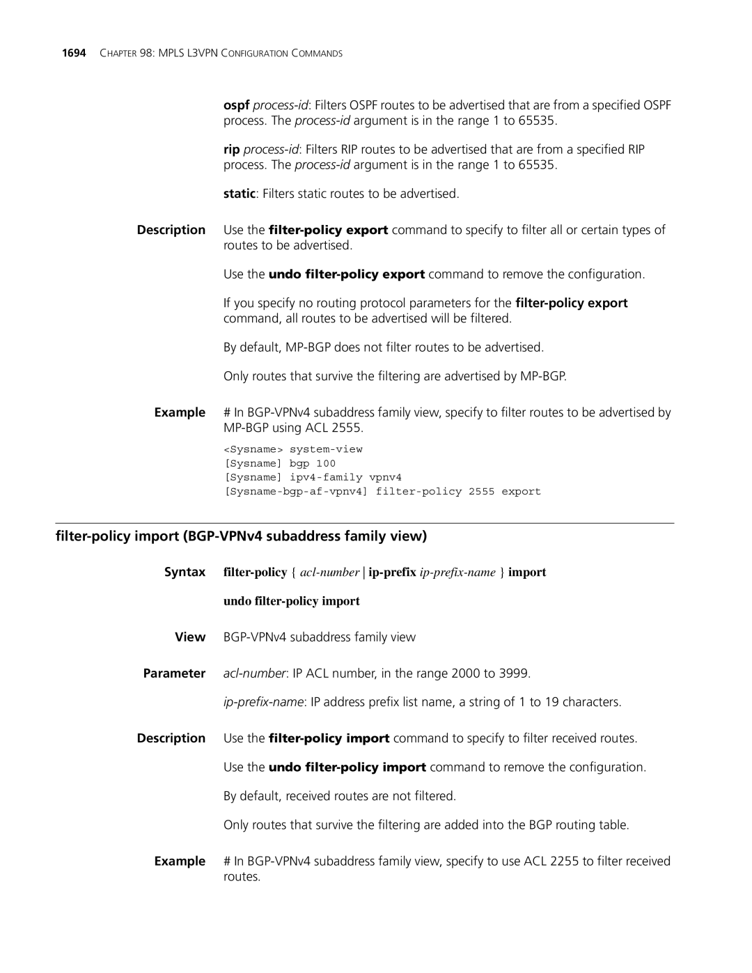 3Com MSR 30, MSR 50 manual Filter-policy import BGP-VPNv4 subaddress family view 