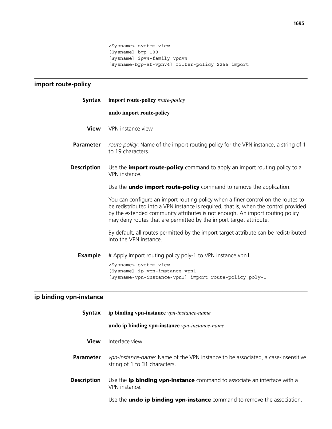 3Com MSR 50, MSR 30 manual Import route-policy, Ip binding vpn-instance, 1695 