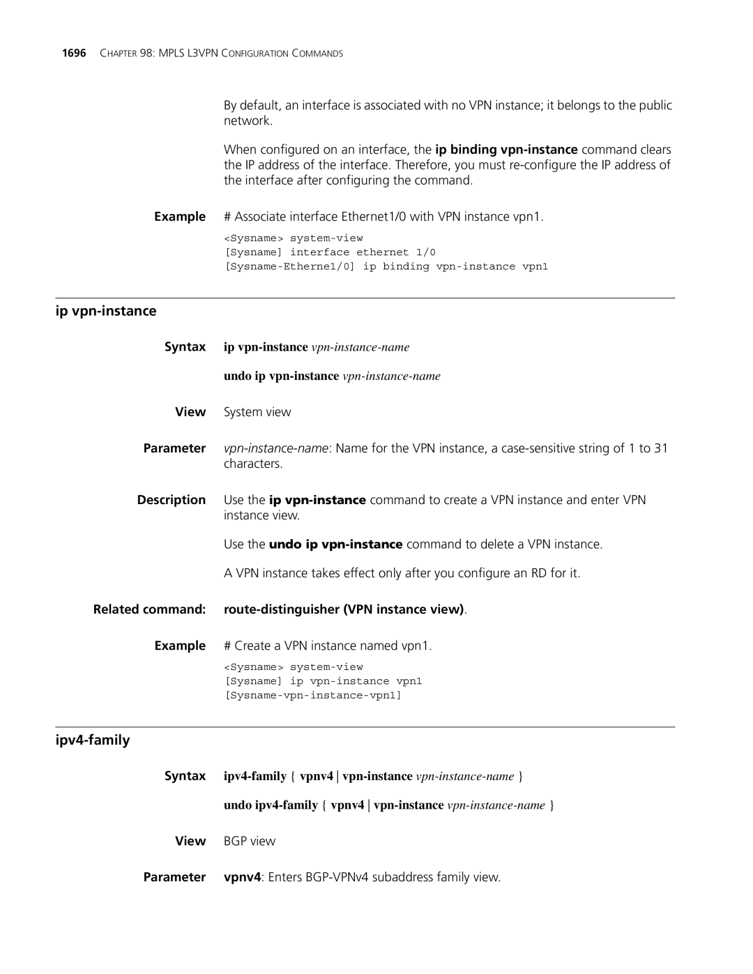 3Com MSR 30, MSR 50 manual Ip vpn-instance, Ipv4-family, View BGP view, Vpnv4 Enters BGP-VPNv4 subaddress family view 
