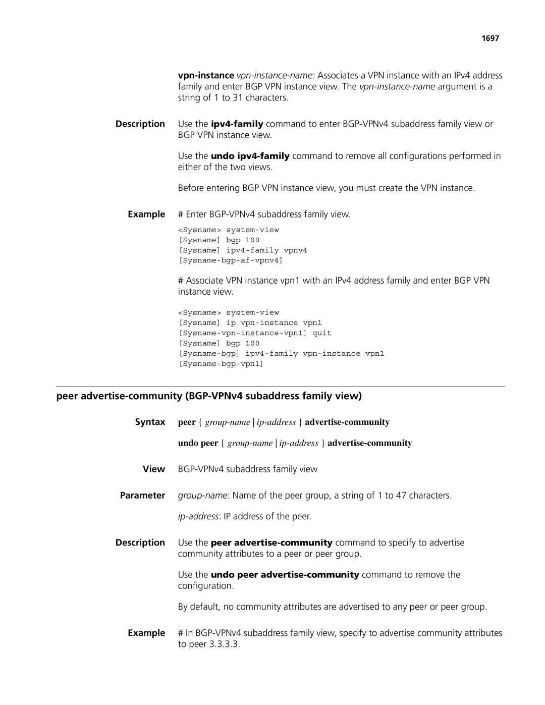 3Com MSR 50, MSR 30 manual Peer advertise-community BGP-VPNv4 subaddress family view, 1697 