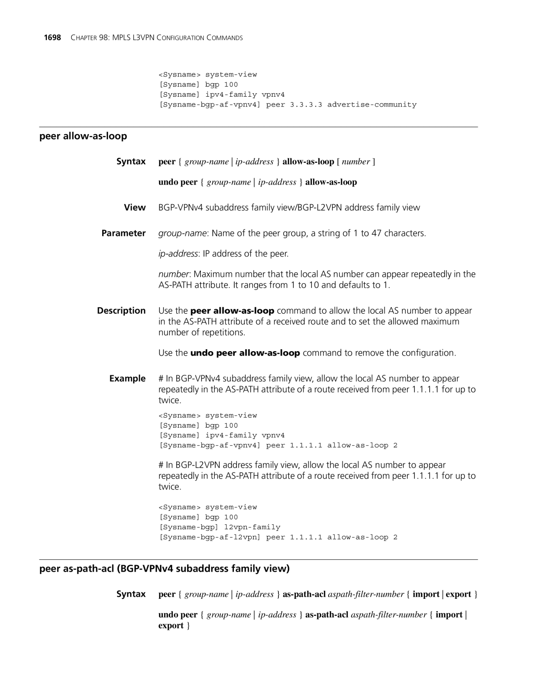 3Com MSR 30, MSR 50 manual Peer allow-as-loop, Peer as-path-acl BGP-VPNv4 subaddress family view 