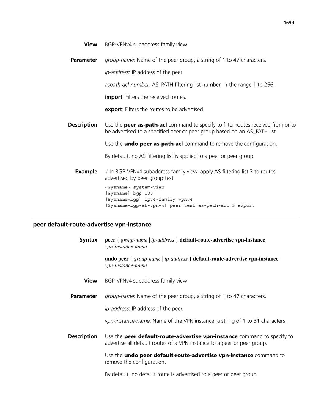 3Com MSR 50, MSR 30 manual Peer default-route-advertise vpn-instance, 1699 