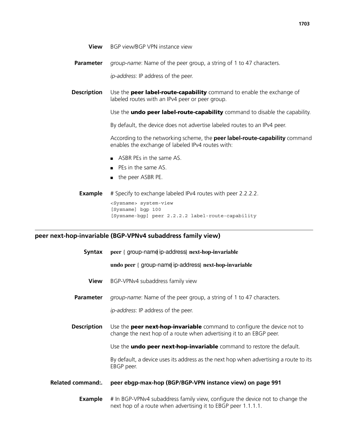 3Com MSR 50, MSR 30 manual Peer next-hop-invariable BGP-VPNv4 subaddress family view, 1703 