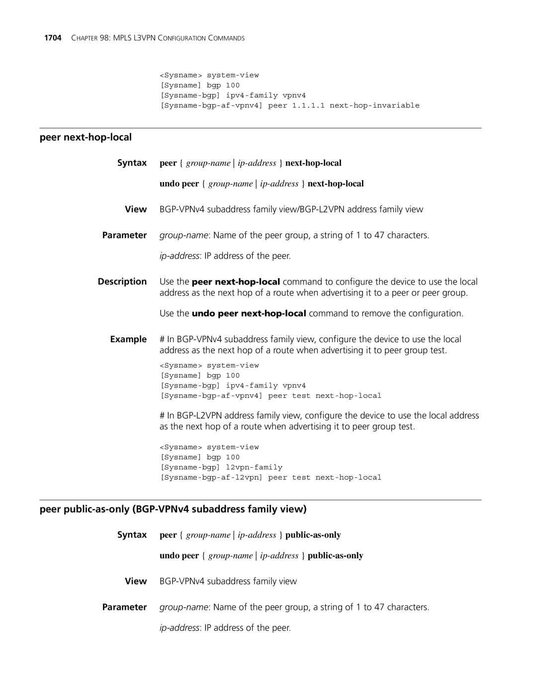 3Com MSR 30, MSR 50 manual Peer next-hop-local, Peer public-as-only BGP-VPNv4 subaddress family view 