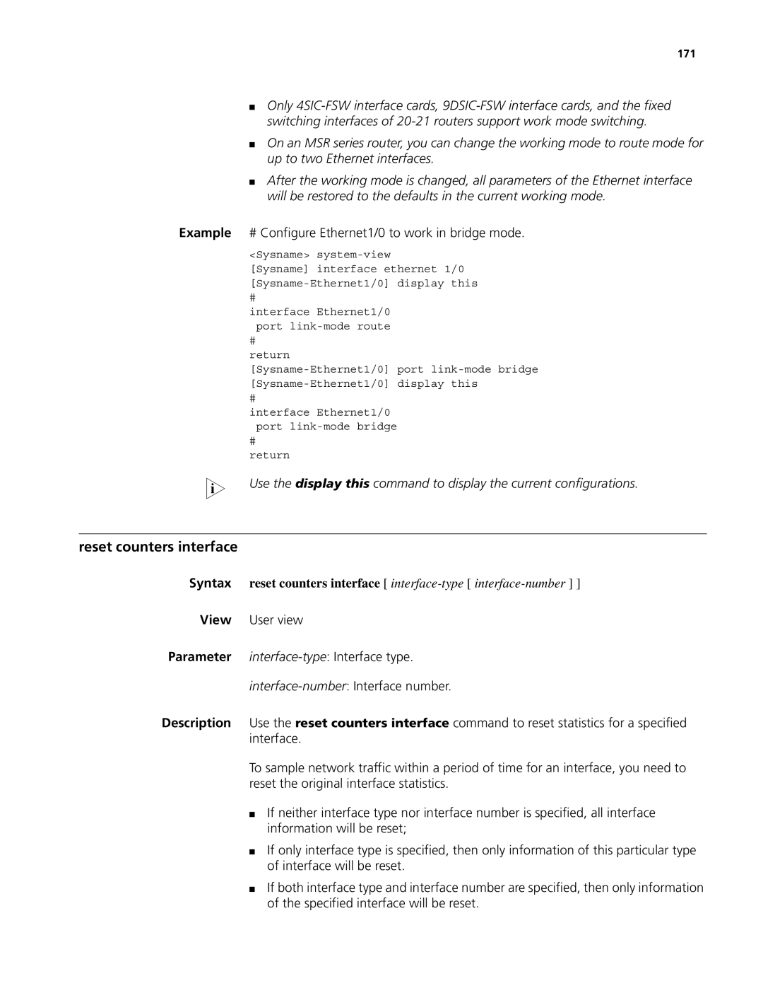 3Com MSR 50, MSR 30 Reset counters interface, Example # Configure Ethernet1/0 to work in bridge mode, View User view, 171 