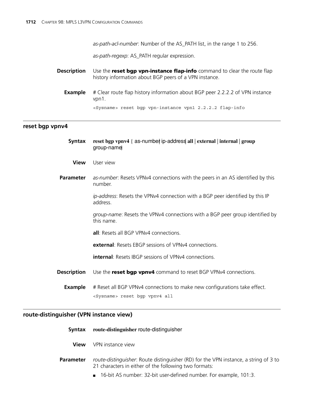 3Com MSR 30, MSR 50 Reset bgp vpnv4, Route-distinguisher VPN instance view, Syntax route-distinguisher route-distinguisher 