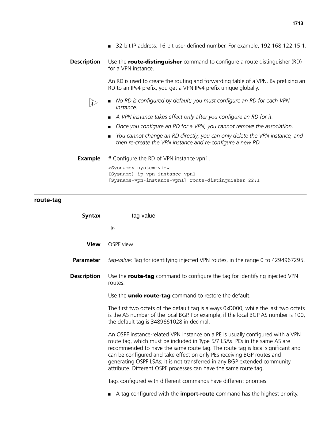 3Com MSR 50, MSR 30 manual Route-tag, Instance, Then re-create the VPN instance and re-configure a new RD 