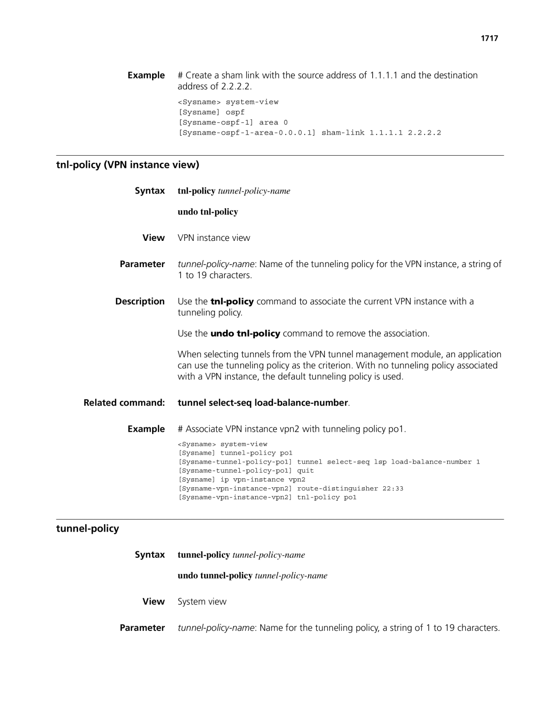 3Com MSR 50, MSR 30 Tnl-policy VPN instance view, Tunnel-policy, Undo tnl-policy, Undo tunnel-policy tunnel-policy-name 