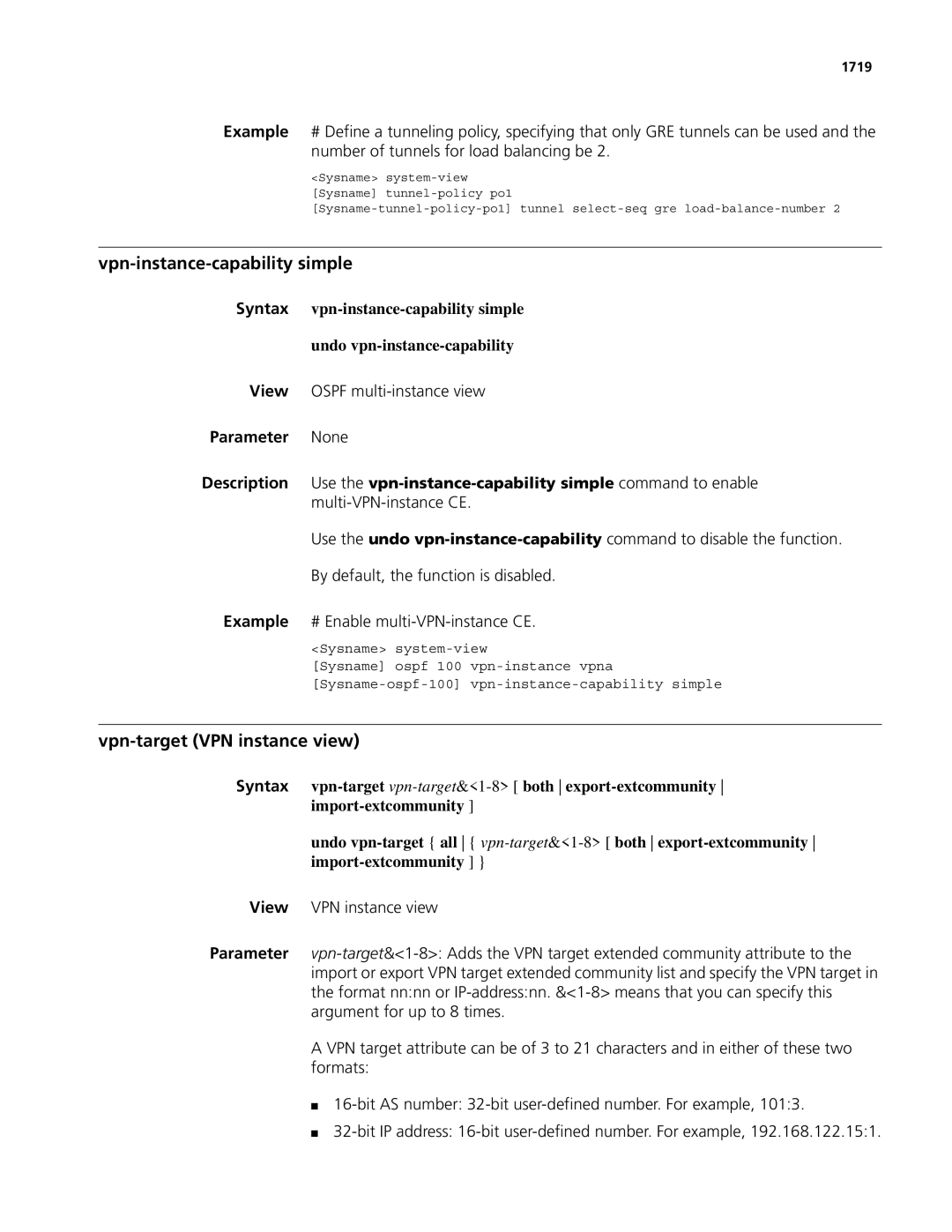 3Com MSR 50, MSR 30 manual Vpn-instance-capability simple, Vpn-target VPN instance view, View Ospf multi-instance view, 1719 