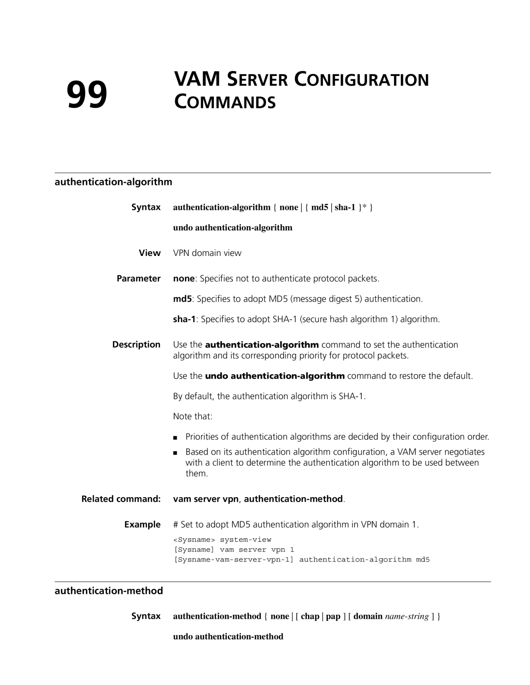 3Com MSR 50, MSR 30 manual VAM Server Configuration Commands, Authentication-algorithm, Authentication-method 