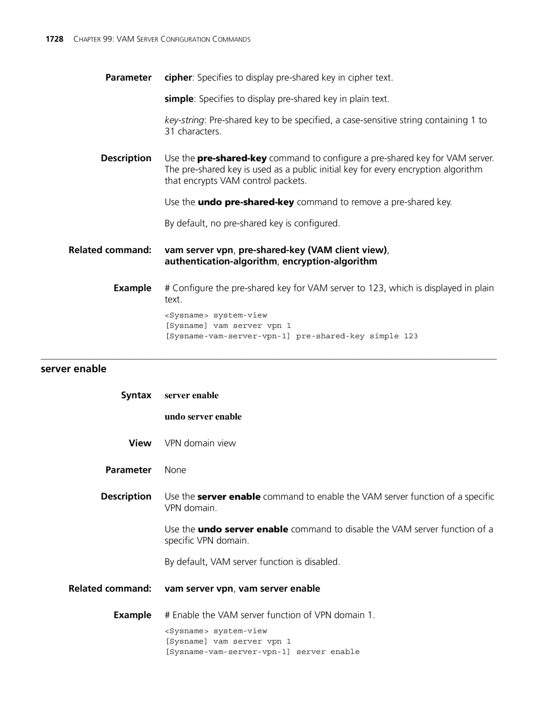 3Com MSR 30 Server enable, Syntax server enable Undo server enable, Related command vam server vpn, vam server enable 