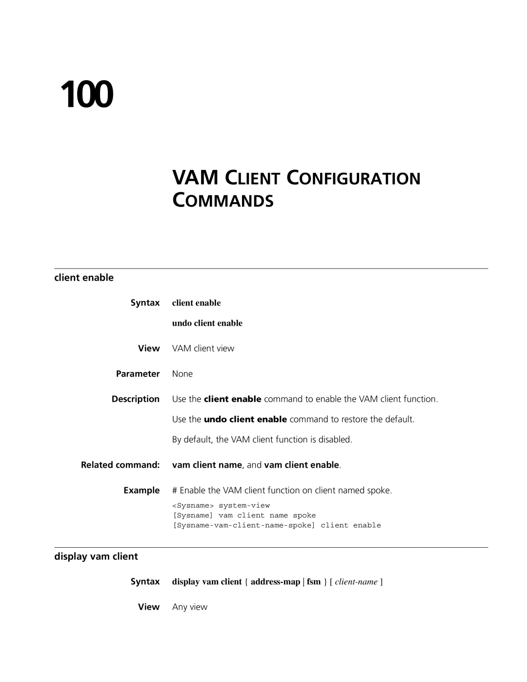 3Com MSR 50, MSR 30 manual 100, VAM Client Configuration Commands, Client enable, Display vam client 