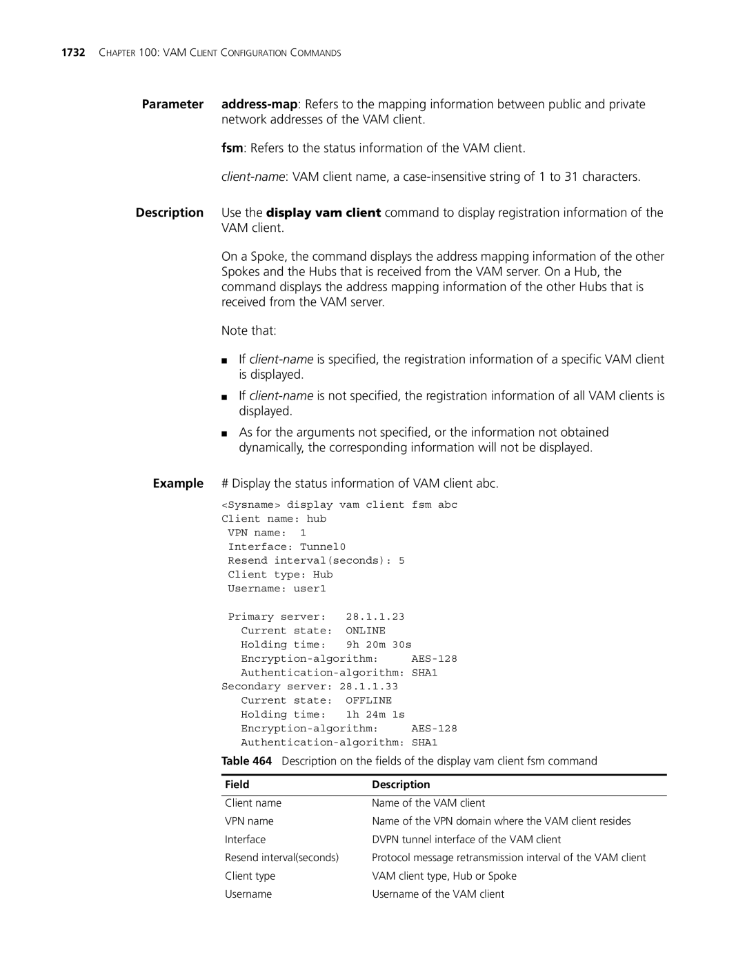 3Com MSR 30, MSR 50 manual Example # Display the status information of VAM client abc, Field Description 