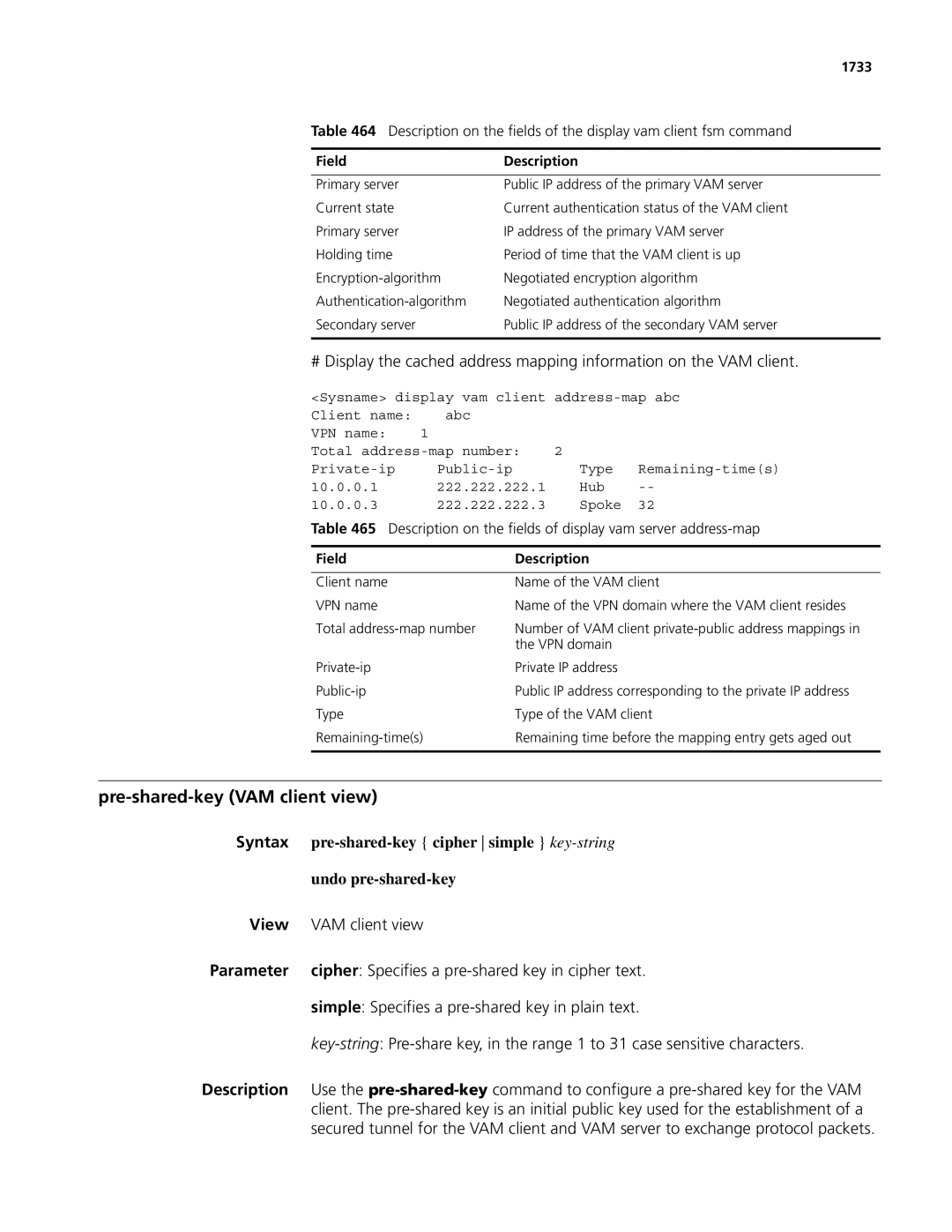 3Com MSR 50, MSR 30 manual Pre-shared-key VAM client view, Pre-shared-key cipher simple key-string 