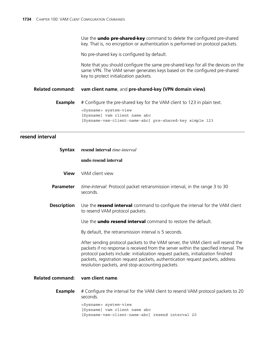 3Com MSR 30, MSR 50 manual Resend interval, No pre-shared key is configured by default, Related command vam client name 