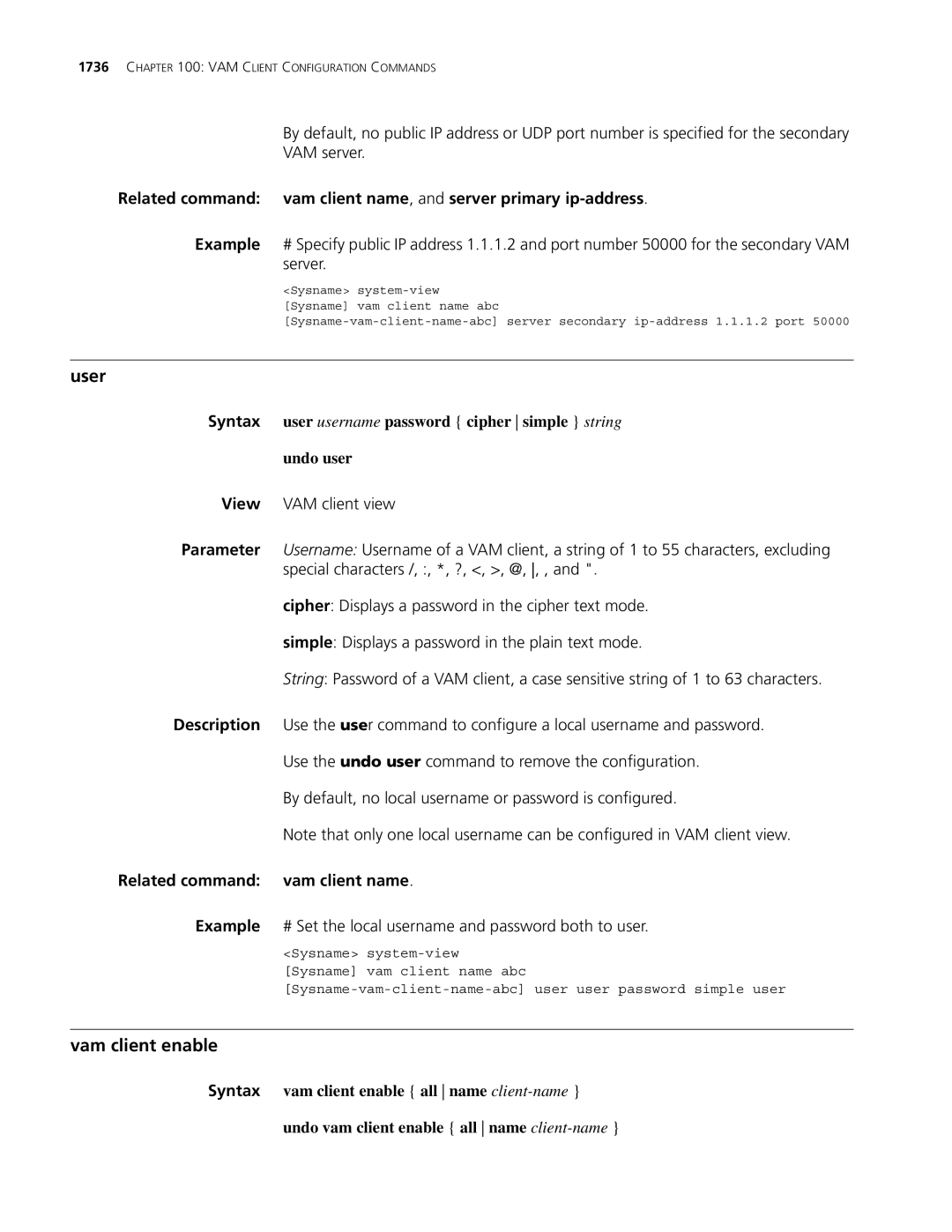 3Com MSR 30, MSR 50 manual User, Vam client enable, By default, no local username or password is configured 