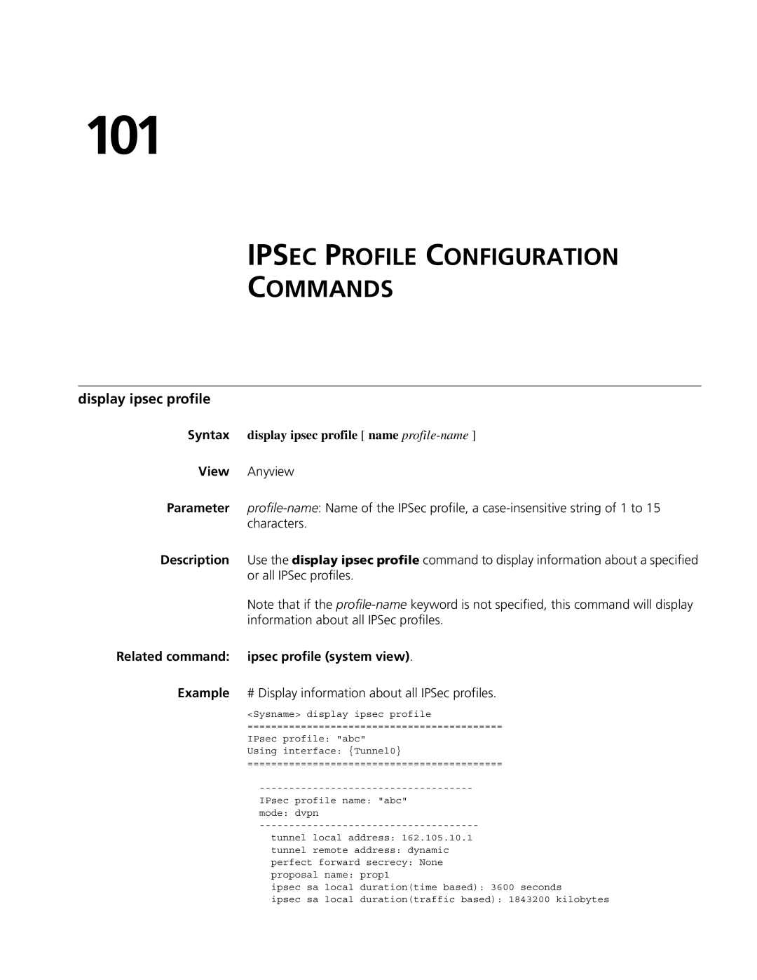 3Com MSR 50 101, Ipsec Profile Configuration Commands, Display ipsec profile, Related command ipsec profile system view 