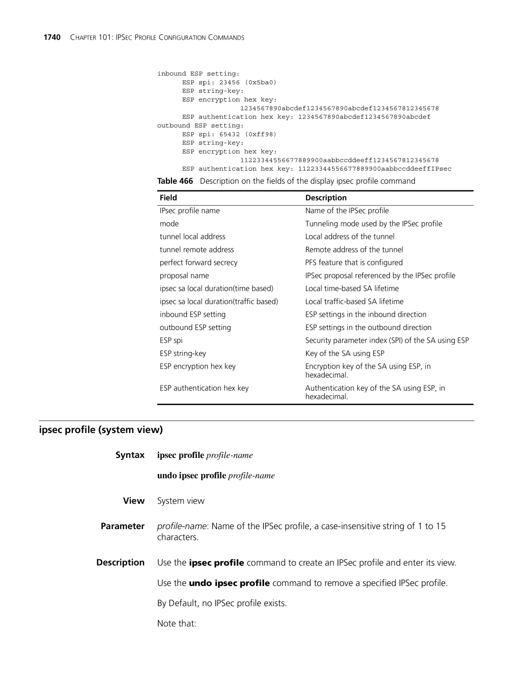 3Com MSR 30, MSR 50 manual Ipsec profile system view, Inbound ESP setting 