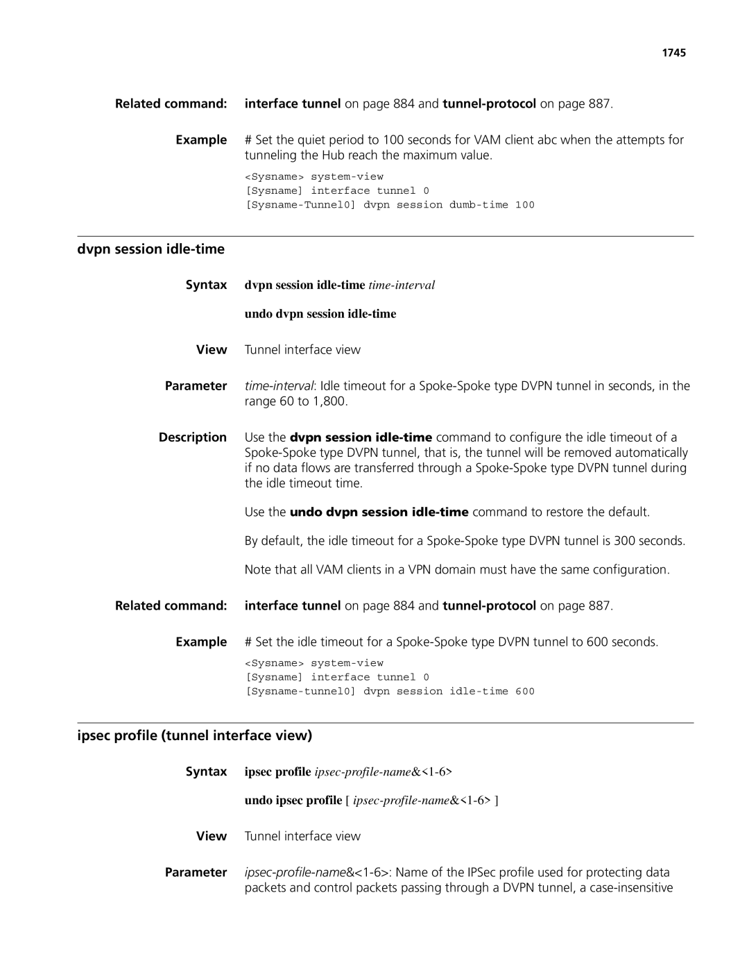3Com MSR 50 Dvpn session idle-time, Ipsec profile tunnel interface view, Undo ipsec profile ipsec-profile-name&1-6, 1745 