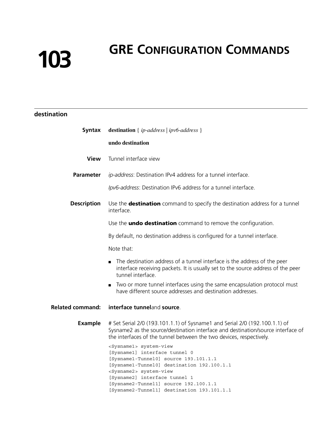 3Com MSR 50, MSR 30 manual 103, GRE Configuration Commands, Related command interface tunneland source 