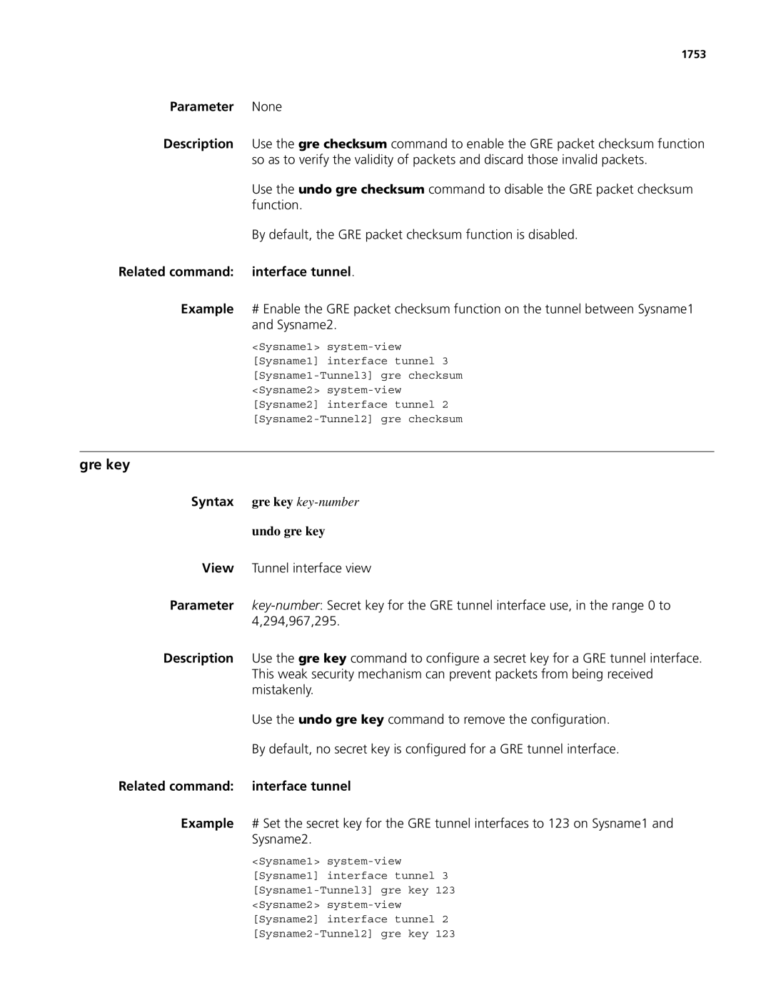 3Com MSR 50, MSR 30 manual Gre key, Related command interface tunnel, Undo gre key, 1753 