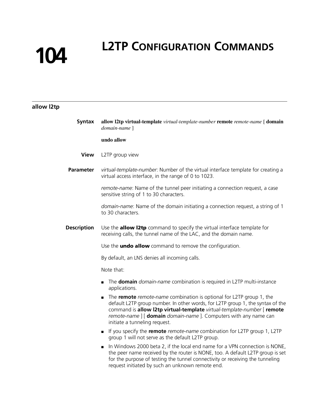 3Com MSR 50, MSR 30 manual 104, L2TP Configuration Commands, Allow l2tp, Undo allow 