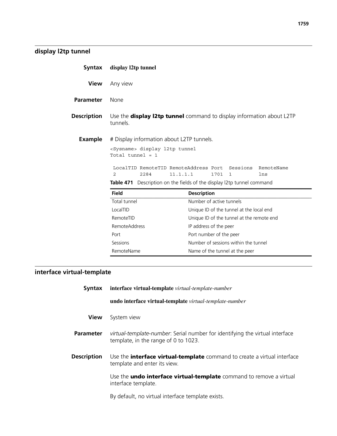 3Com MSR 50, MSR 30 manual Display l2tp tunnel, Syntax display l2tp tunnel, 1759 