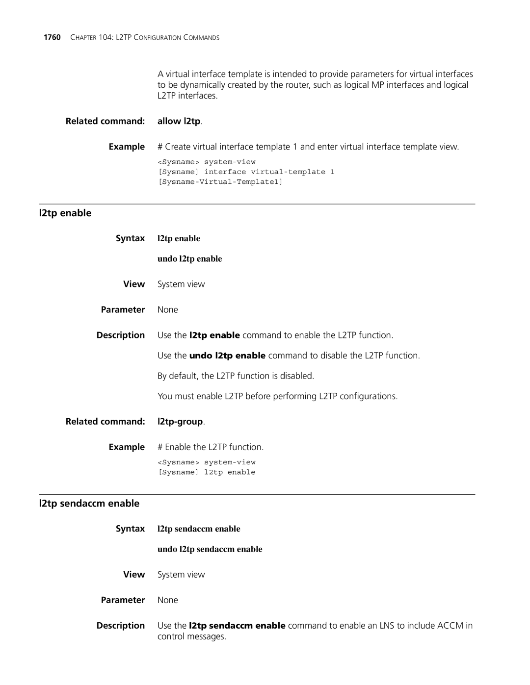 3Com MSR 30, MSR 50 L2tp enable, L2tp sendaccm enable, Related command allow l2tp, Syntax l2tp enable Undo l2tp enable 