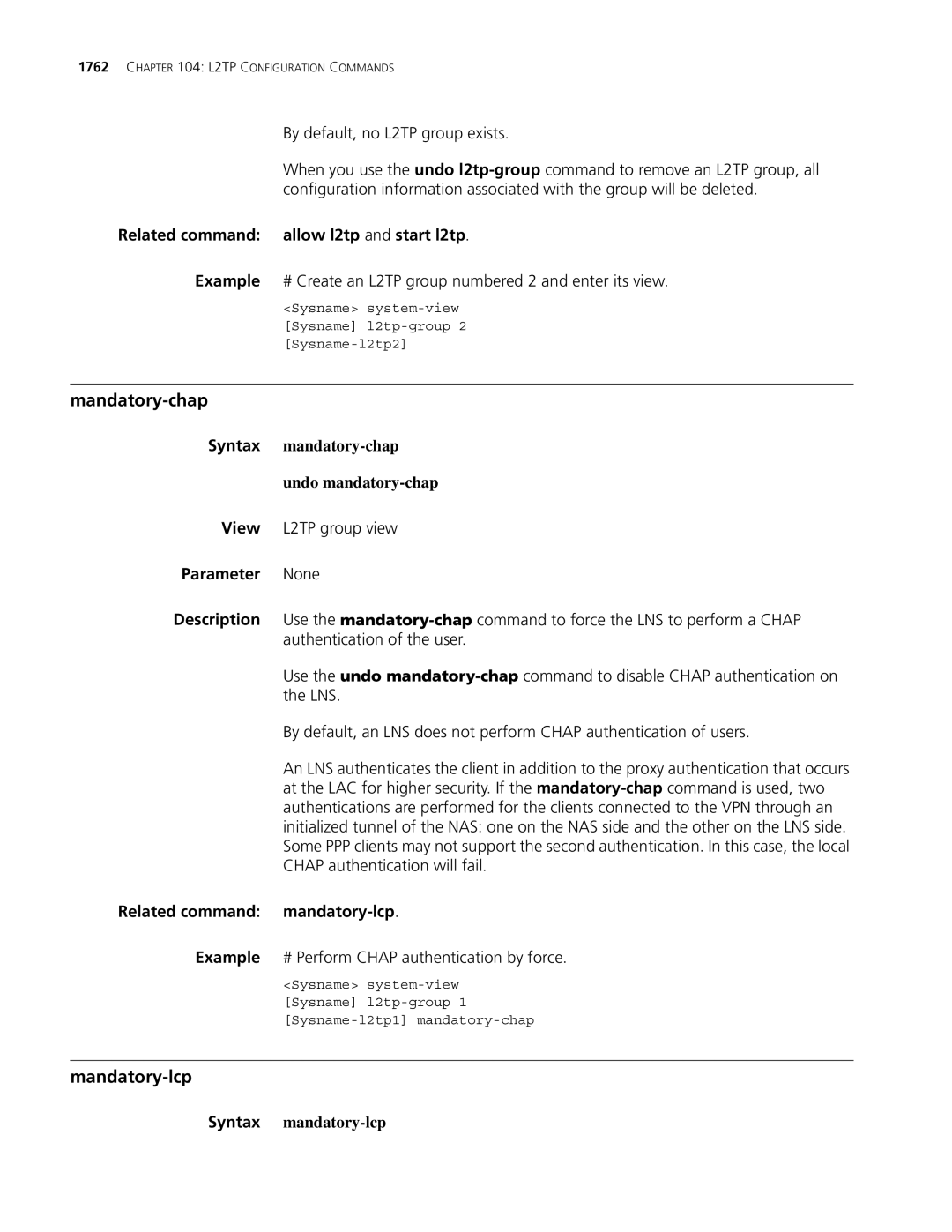 3Com MSR 30, MSR 50 manual Mandatory-chap, Mandatory-lcp, Related command allow l2tp and start l2tp 