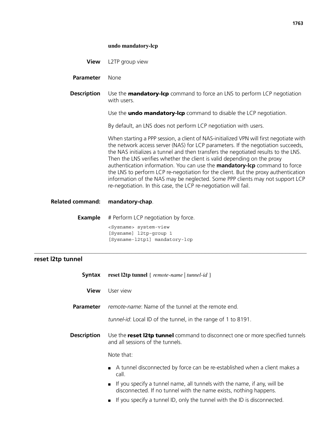 3Com MSR 50, MSR 30 manual Reset l2tp tunnel, Undo mandatory-lcp, View L2TP group view, Related command mandatory-chap 