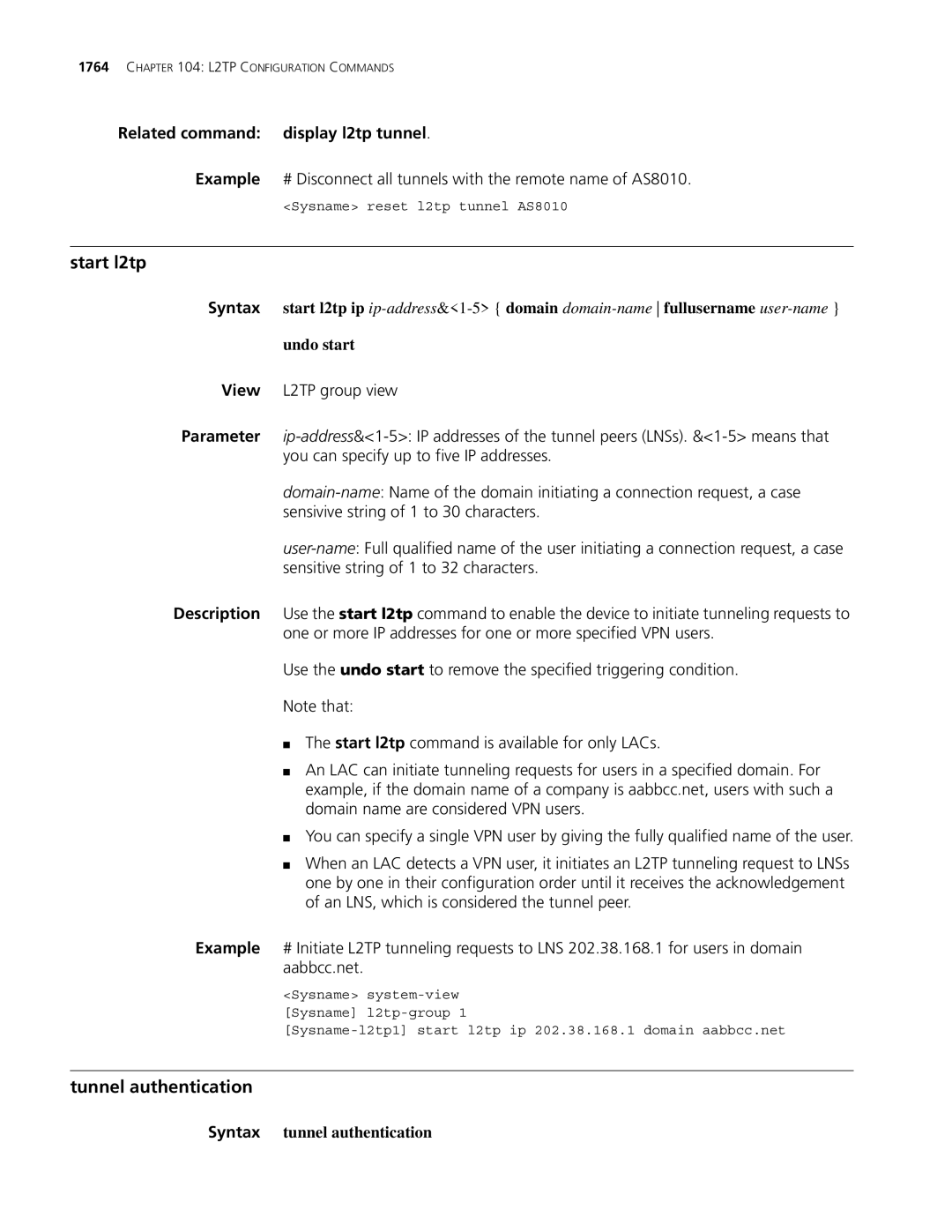 3Com MSR 30, MSR 50 Start l2tp, Tunnel authentication, Related command display l2tp tunnel, Syntax tunnel authentication 