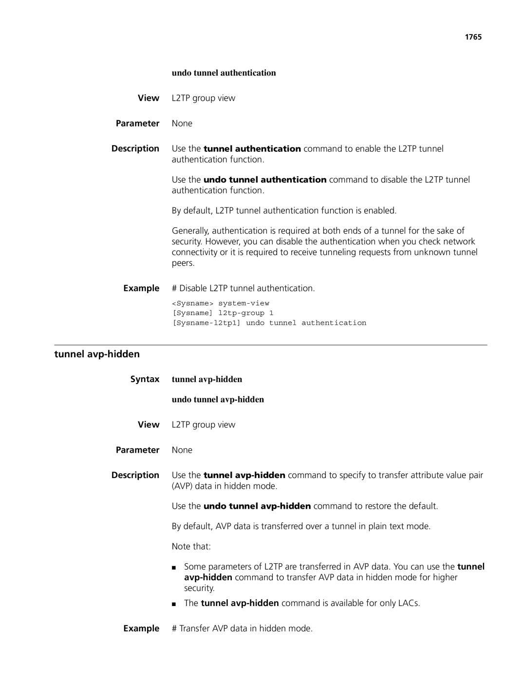 3Com MSR 50, MSR 30 Tunnel avp-hidden, Undo tunnel authentication, Syntax tunnel avp-hidden Undo tunnel avp-hidden, 1765 