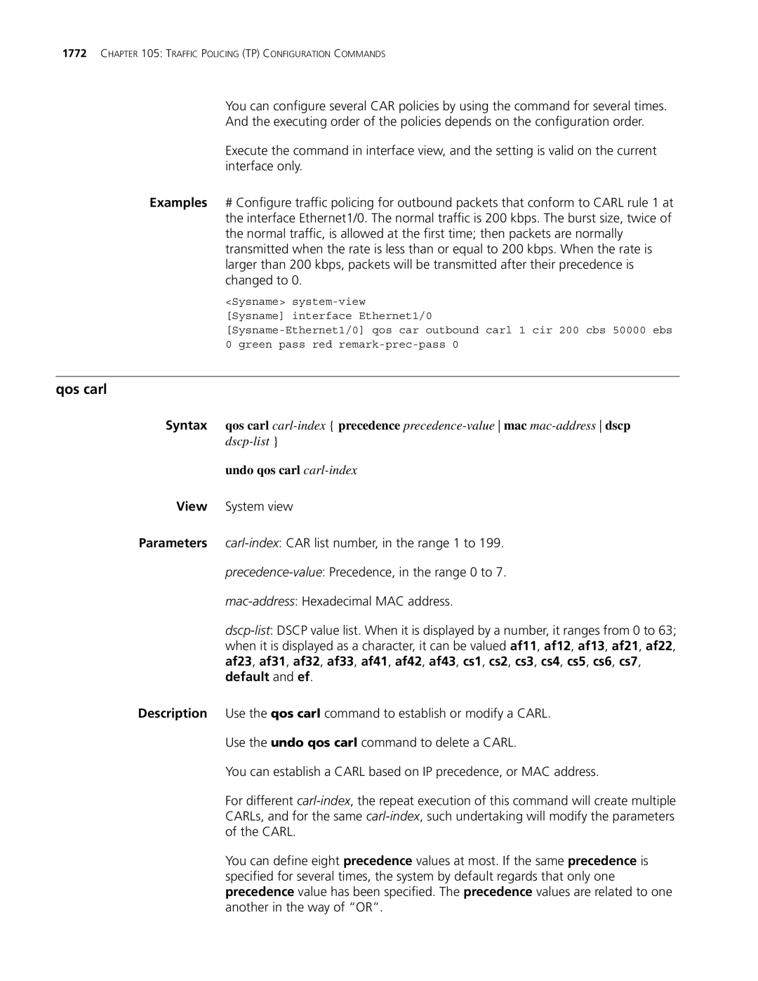 3Com MSR 30, MSR 50 manual Qos carl, Undo qos carl carl-index 