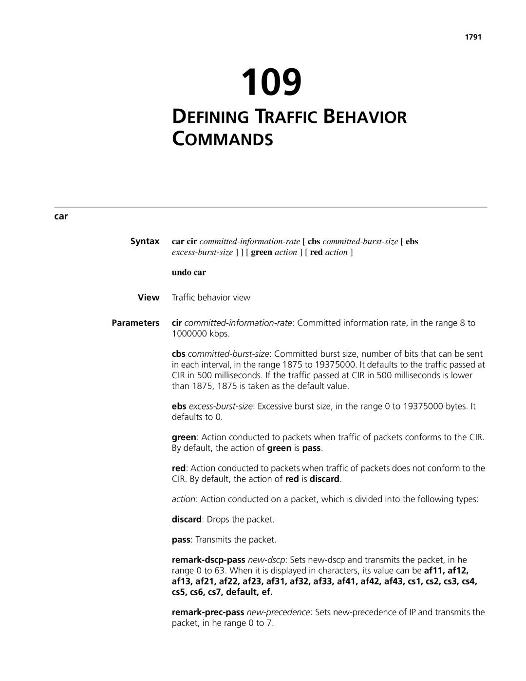 3Com MSR 50, MSR 30 manual 109, Defining Traffic Behavior Commands, Car, Undo car, 1791 