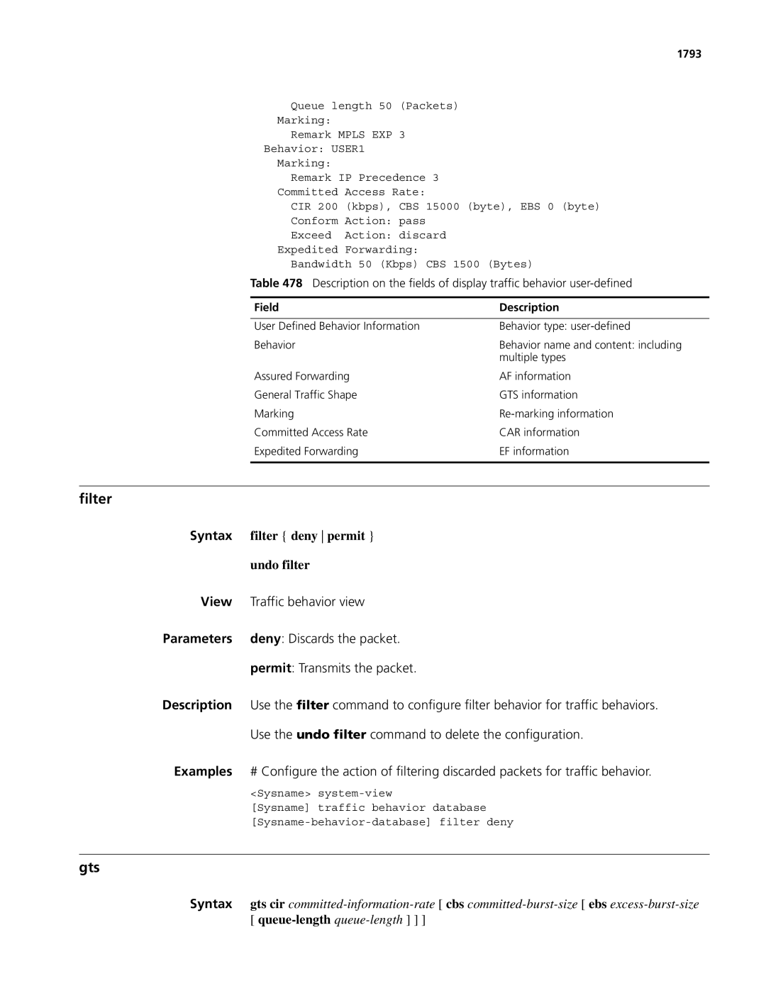 3Com MSR 50, MSR 30 manual Gts, Filter deny permit, Undo filter 