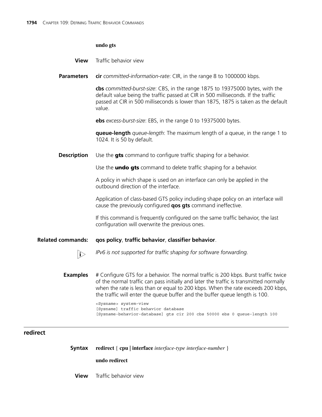 3Com MSR 30, MSR 50 manual Redirect, Undo gts, Undo redirect, View Traffic behavior view 