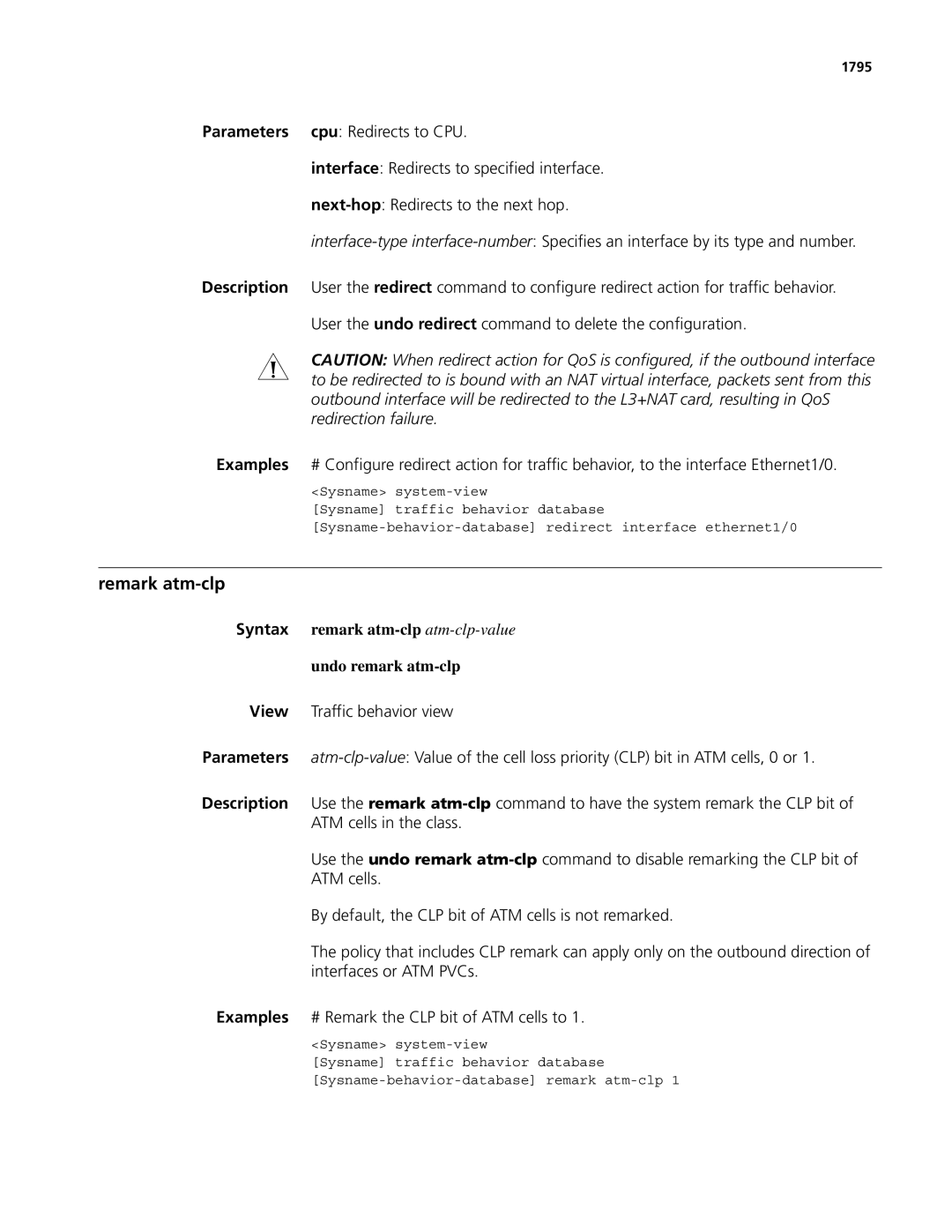 3Com MSR 50, MSR 30 manual Remark atm-clp, Syntax remark atm-clp atm-clp-value Undo remark atm-clp, 1795 