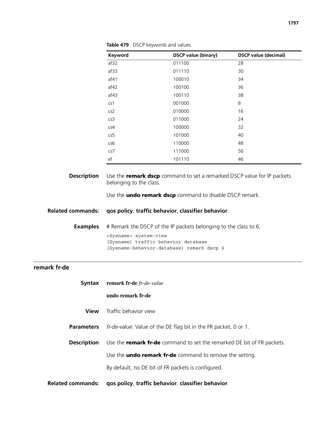 3Com MSR 50, MSR 30 manual Remark fr-de, Syntax remark fr-de fr-de-value Undo remark fr-de, 1797 