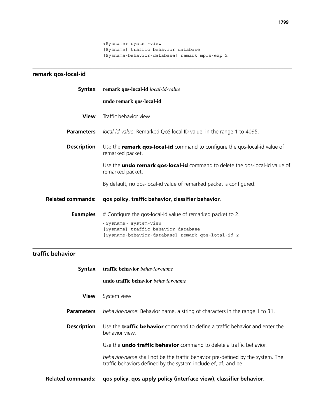 3Com MSR 50, MSR 30 manual Remark qos-local-id, Traffic behavior, 1799 