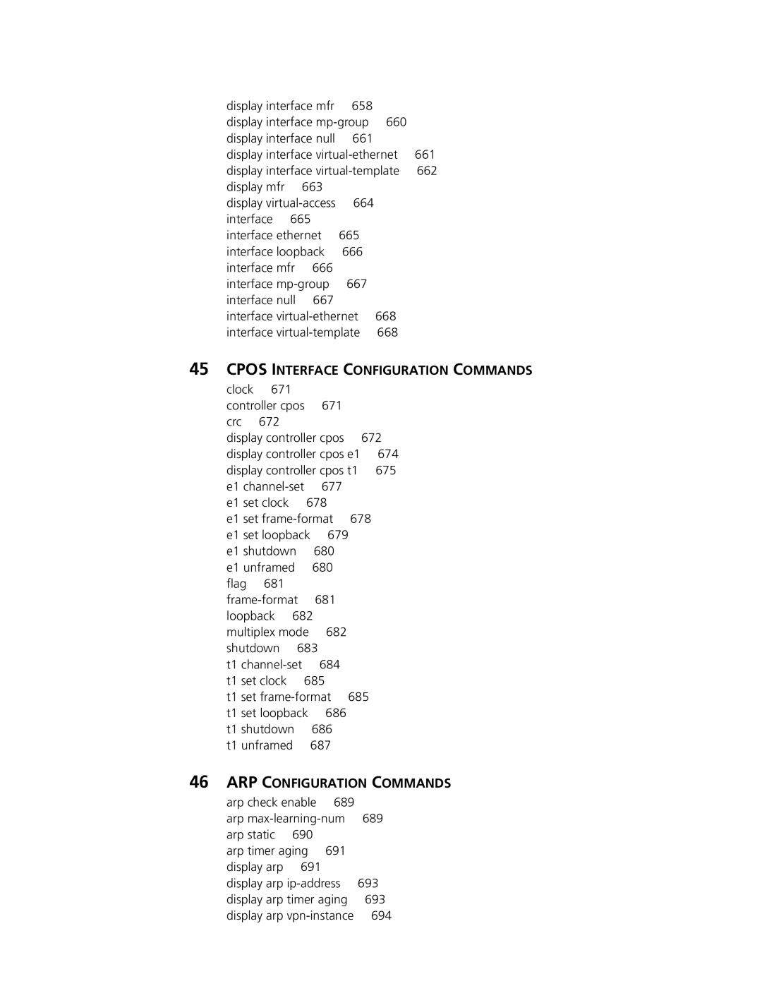 3Com MSR 30, MSR 50 manual Cpos Interface Configuration Commands, ARP Configuration Commands 