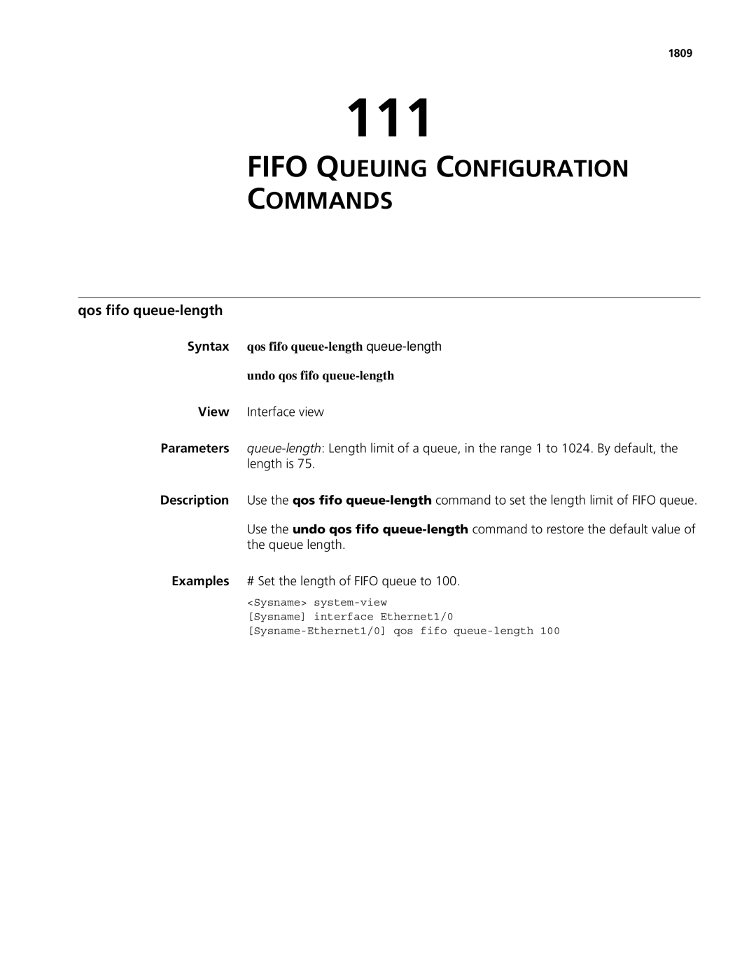 3Com MSR 50, MSR 30 manual 111, Fifo Queuing Configuration Commands, Qos fifo queue-length, 1809 