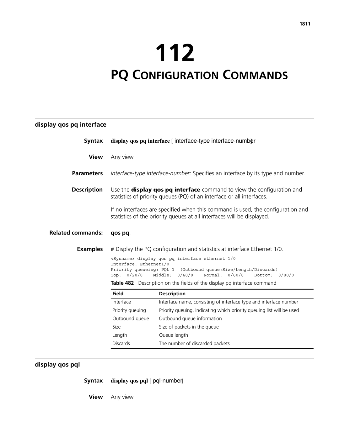 3Com MSR 50, MSR 30 112, PQ Configuration Commands, Display qos pq interface, Display qos pql, Related commands qos pq 