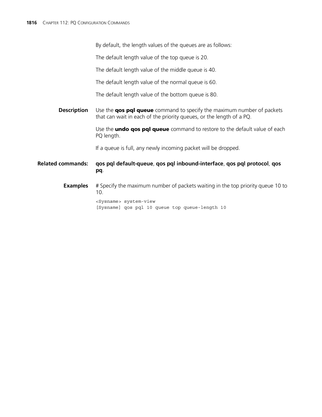 3Com MSR 30, MSR 50 manual PQ Configuration Commands 