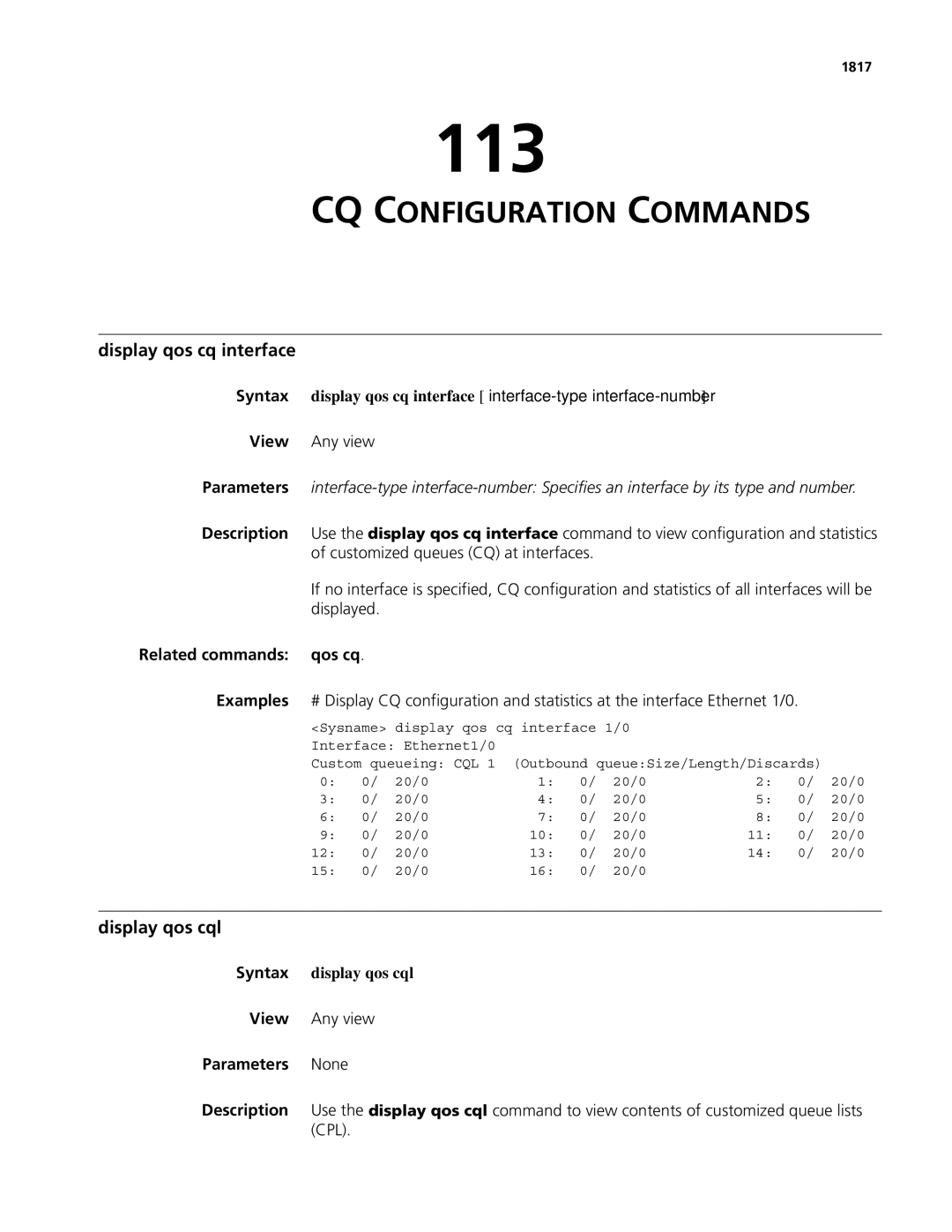 3Com MSR 50, MSR 30 113, CQ Configuration Commands, Display qos cq interface, Display qos cql, Related commands qos cq 