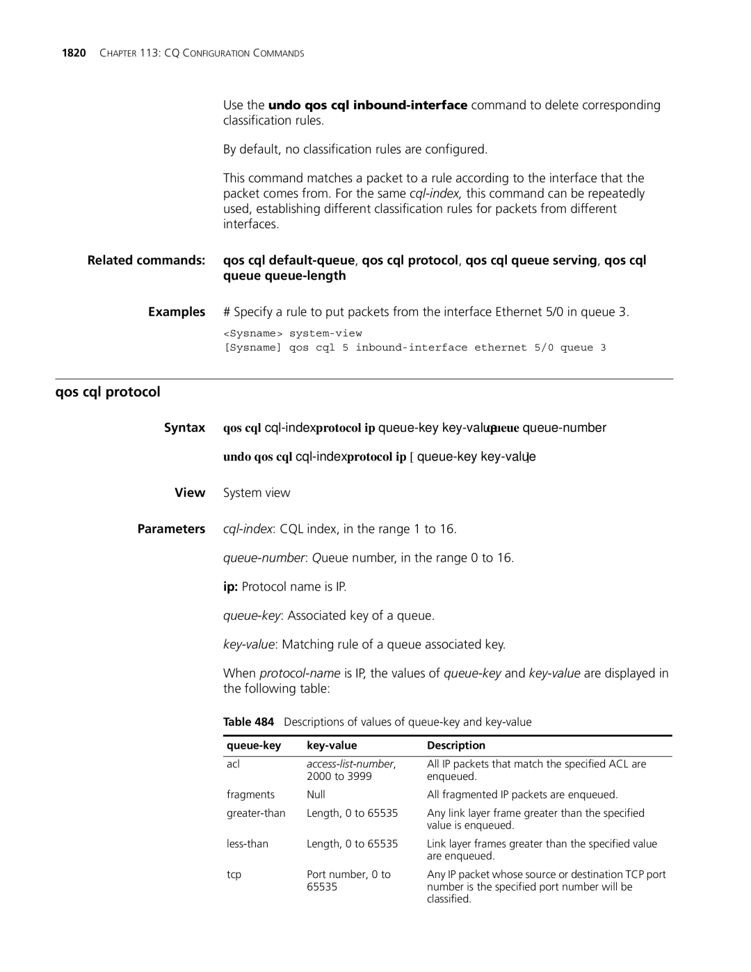 3Com MSR 30, MSR 50 manual Qos cql protocol, Descriptions of values of queue-key and key-value 