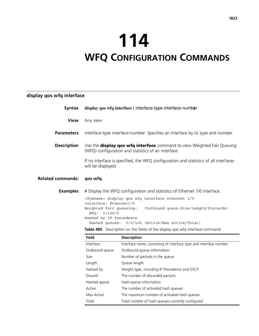 3Com MSR 50, MSR 30 manual 114, WFQ Configuration Commands, Display qos wfq interface, Related commands qos wfq, 1823 